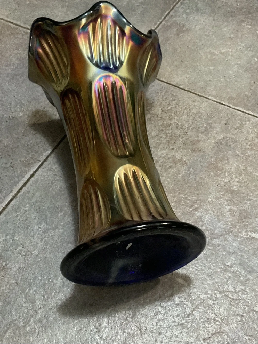 Fenton Iridescent Green and Bronze Ruffled Glass Vase
